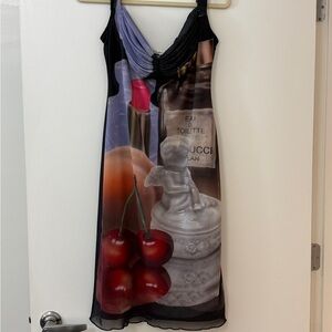 Sleeveless Black Slip Dress with Cherry Print